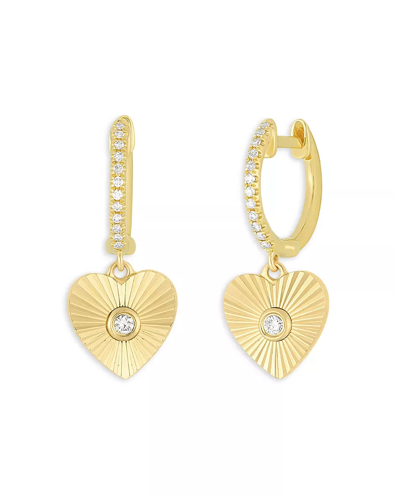 Ef Collection 14K Yellow Gold Diamond Fluted Heart Charm Hoop Earrings