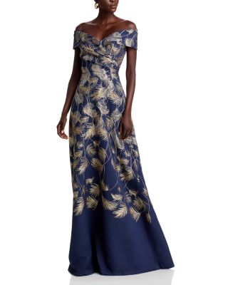 Teri Jon by Rickie Freeman - Feather Off The Shoulder Jacquard Gown