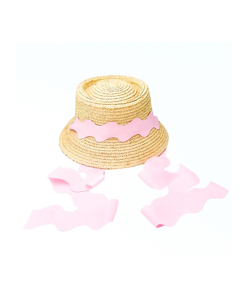 Bits & Bows Girls' Straw Harbor Hat With Scalloped Ribbon - Little Kid, Big Kid In Straw With Pink Ribbon
