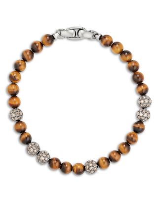 Men's Sterling Silver Spiritual Beads Tigers Eye & Cognac Diamond Pav&eacute; Beaded Bracelet