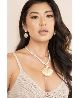 Cultured Freshwater Pearl Scalloped Shell Cord Pendant Necklace in 18K Gold Plated, 15"-20"