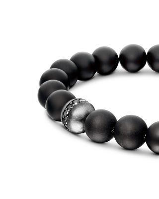 Men's Spiritual Beads Bracelet in Sterling Silver with Black Onyx & Pav&eacute; Black Diamond Accent, 8mm