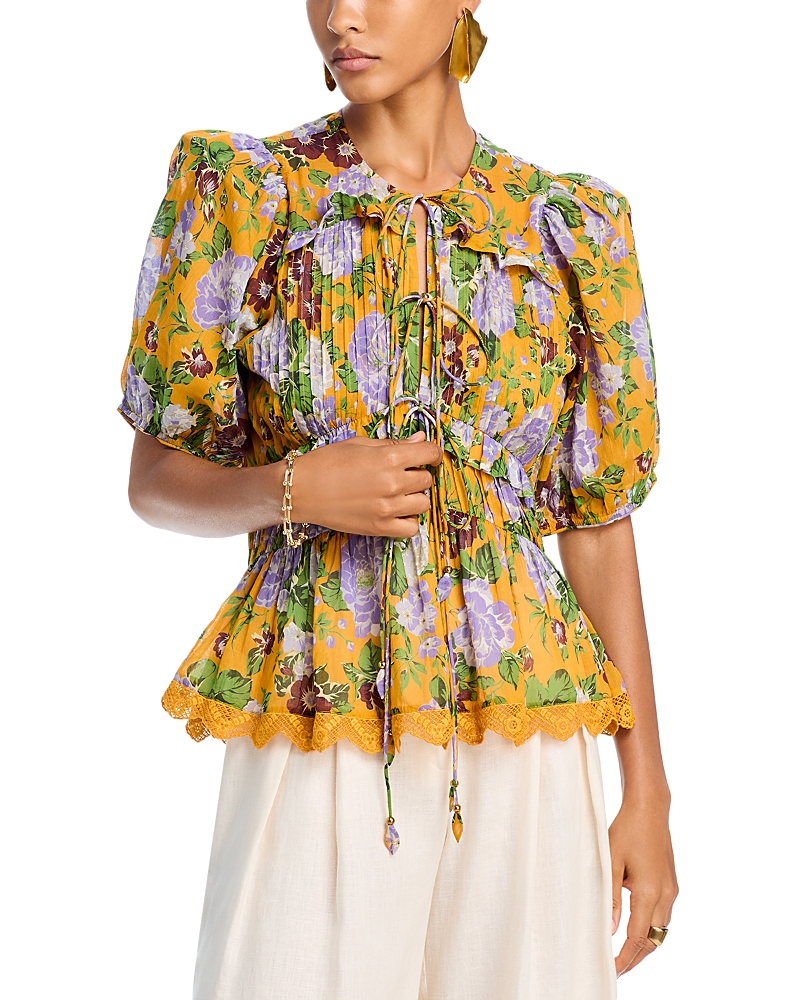 Farm Rio Floral Tie Front Top In Capri Floral Yellow