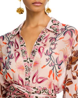 Winter Garden Floral Tie Belt Long Sleeved Shirt Dress