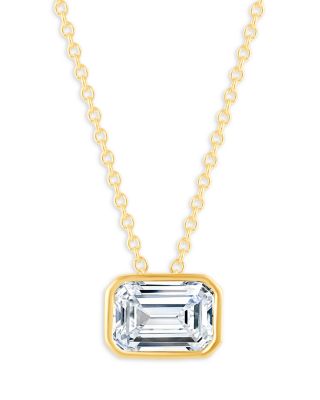 Certified Lab Grown Emerald Cut Diamond Bezel Set Pendant Necklace in 18K Yellow Gold, 2.0 tcw