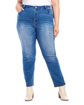 Karen Kane Plus Size High Rise Raw Hem Straight Jeans in Denim
