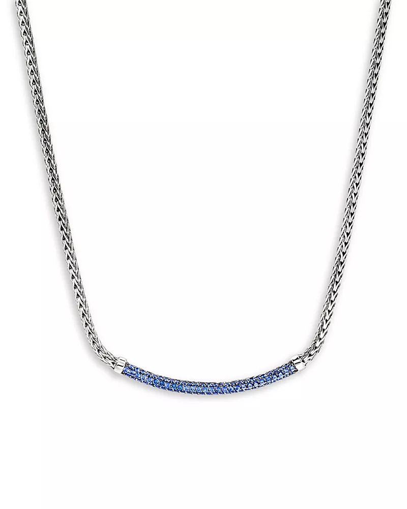 John Hardy Sterling Silver Jh Essentials Blue Sapphire Pave Curved Bar Necklace, 16