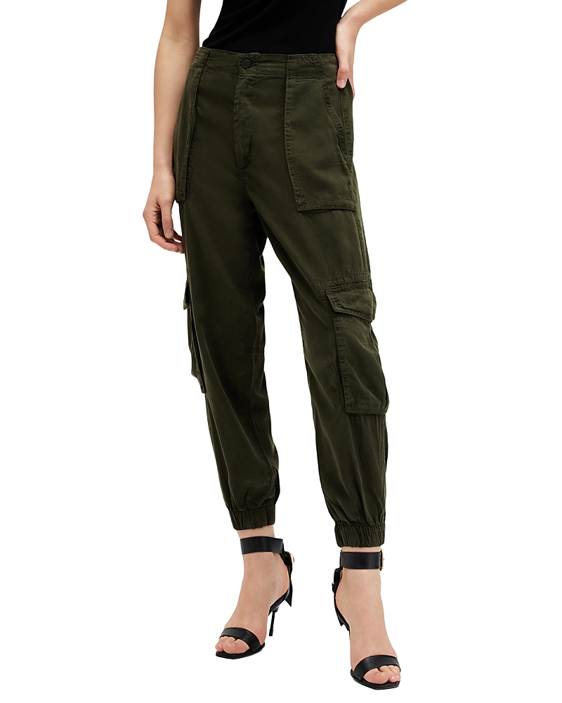 Allsaints Womens Khaki Green Frieda Tapered-leg Mid-rise Woven Trousers 6 In Khaki Green