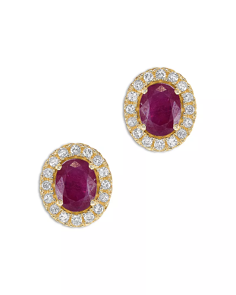 Bloomingdale's Fine Collection Ruby & Diamond Oval Halo Stud Earrings in 14K Yellow Gold