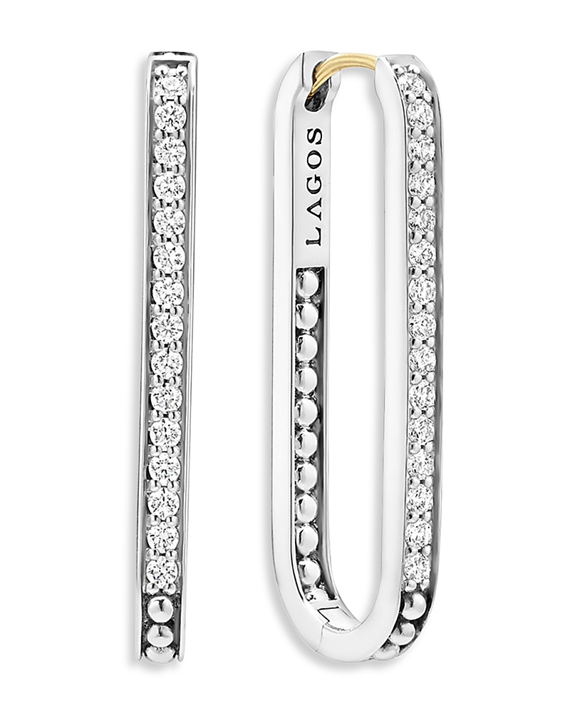 Lagos Caviar Spark Large Linear Diamond Hoop Earrings In Silver