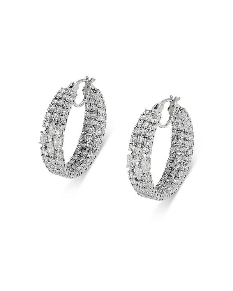 NADRI RARE JEWELS CUBIC ZIRCONIA HOOP EARRINGS RHODIUM PLATED