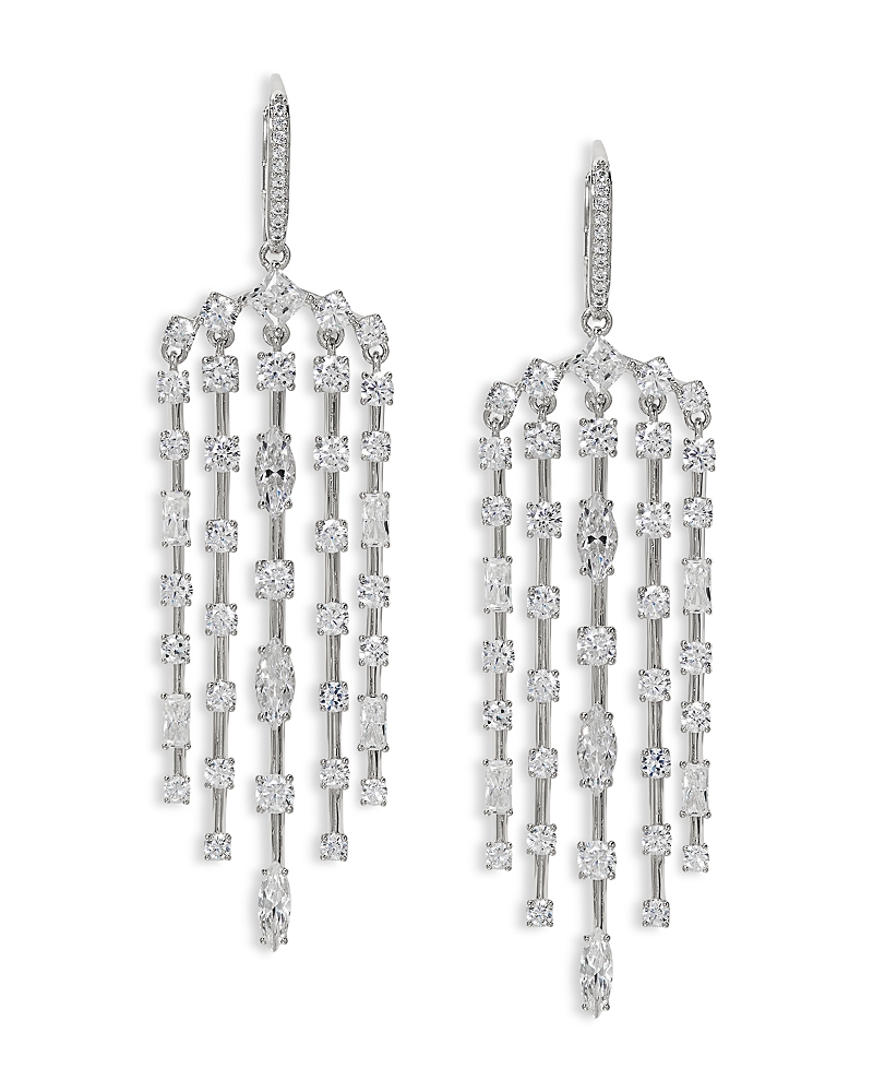 Nadri Rare Jewels Cubic Zirconia Multi Row Chandelier Earrings In Rhodium Plated In Silver