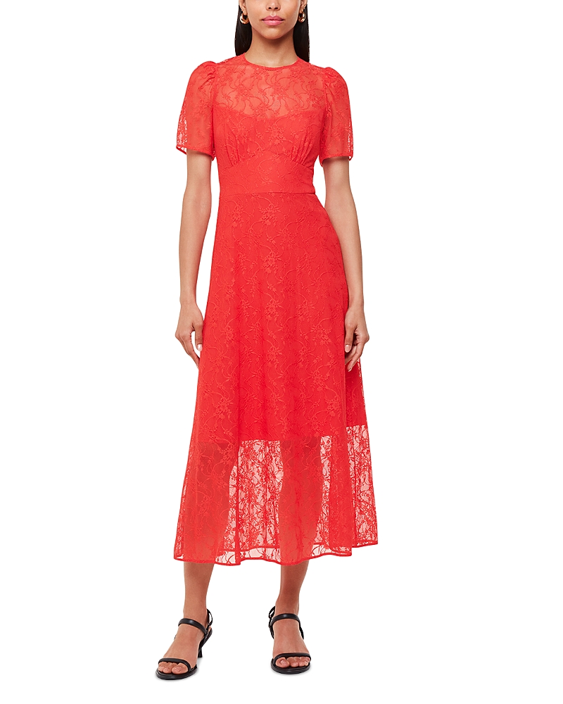 Whistles Womens Coral Fay Lace-embroidered Short-sleeve Stretch-woven Midi Dress In Coral