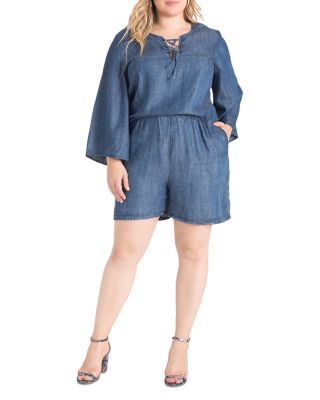 Plus Bell Sleeve Lace Up Denim Romper