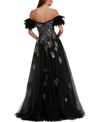 Tulle Off The Shoulder Sequin & Beaded Detail Gown