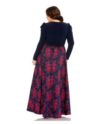  Plus Long Sleeve Keyhole Knot Neck Brocade Floral Detail Bottom  Gown