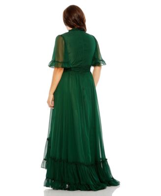  Plus High Neck Flutter Sleeve Ruffle Tiered High Low  Gown
