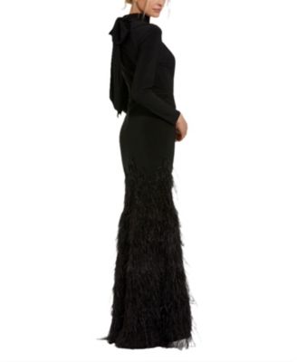 Jersey Long Sleeve High Neck Keyhole Cutout Feather Detail Gown