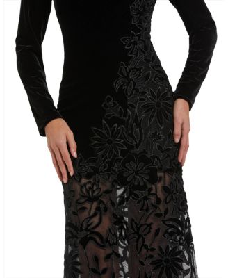 Long Sleeve Sheer Floral Embroidered Velvet Gown