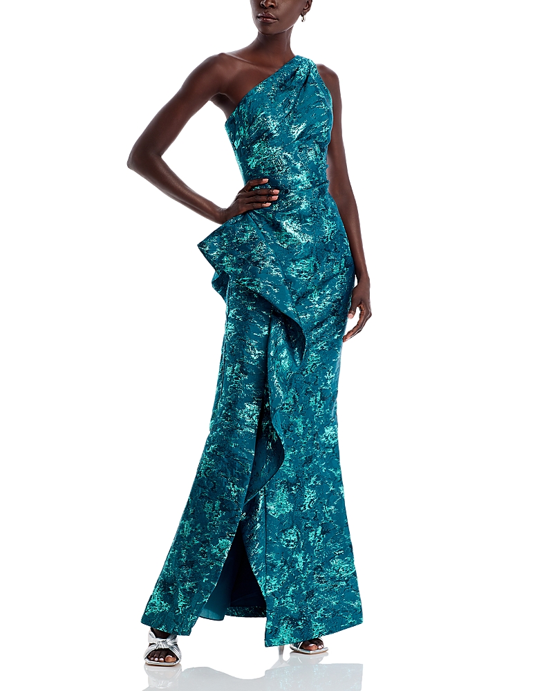 Teri Jon by Rickie Freeman Metallic Jacquard One-Shoulder Gown