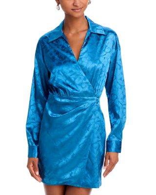 AQUA Satin Wrap Front Long Sleeve Mini Dress Exclusive