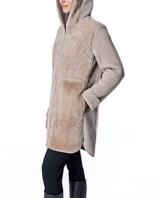 Hooded Shearling Coat with Knit Trim