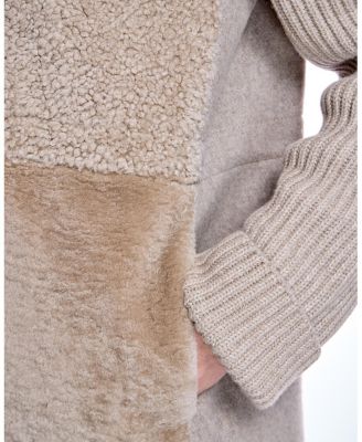 Hooded Shearling Coat with Knit Trim