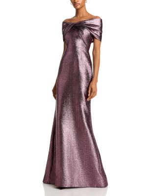 Teri Jon by Rickie Freeman Metallic Jacquard Twist Bodice Off-the-Shoulder Gown