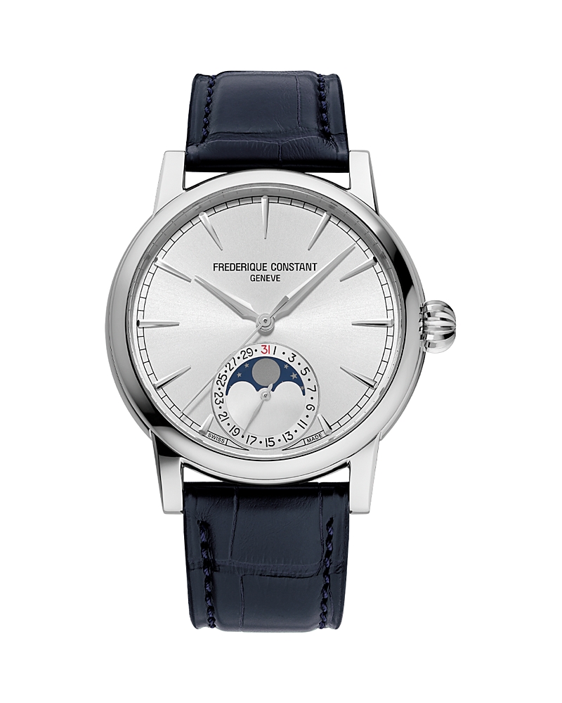 Frederique Constant Men's Swiss Automatic Classic Moonphase Date Manufacture Blue Leather Strap Watch 40mm In Silver/blue