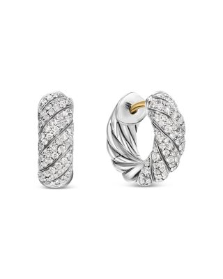 David Yurman - Sculpted Cable Hoop Earrings in Sterling Silver with Diamonds, 14.4mm