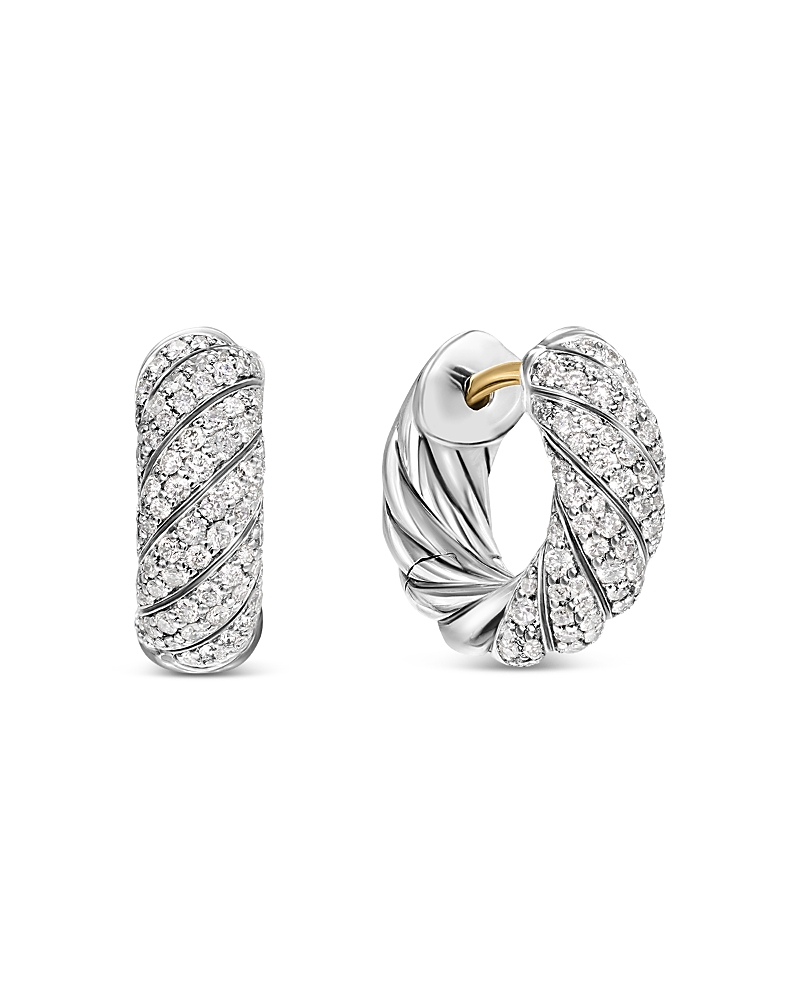 David Yurman Sculpted Cable Hoop Earrings in Sterling Silver with Diamonds, 14.4mm
