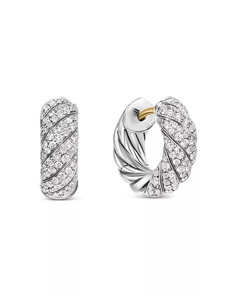 David Yurman Sculpted Cable Hoop Earrings in Sterling Silver with Diamonds, 14.4mm