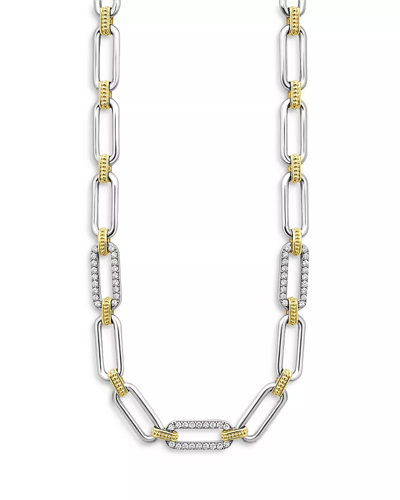 Lagos 18K Yellow Gold & Sterling Silver Signature Caviar Diamond Trio Station Link Collar Necklace, 18