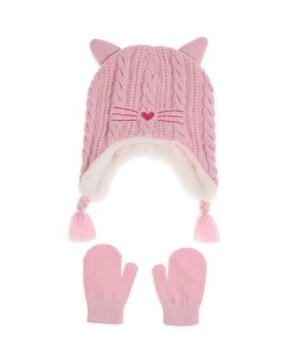 Capelli - Girls' Cable Knit Kitty Earflap Hat & Mitten Set - Little Kid