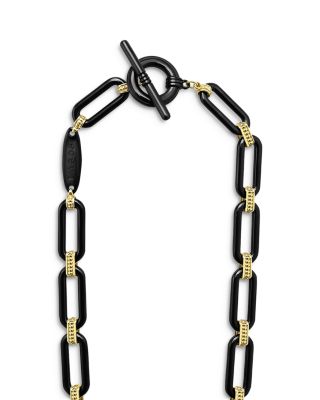 18K Yellow & White Gold Signature Caviar Diamond & Black Ceramic Station Link Necklace, 18"