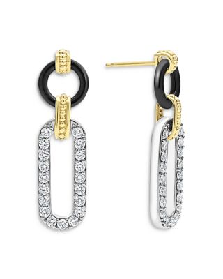 18K Gold Signature Caviar Diamond & Black Ceramic Link Drop Earrings