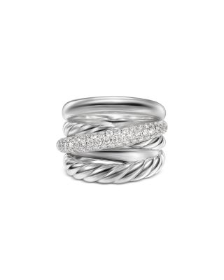 David Yurman Crossover Five Row Ring in Sterling Silver with Diamonds, 17.5mm