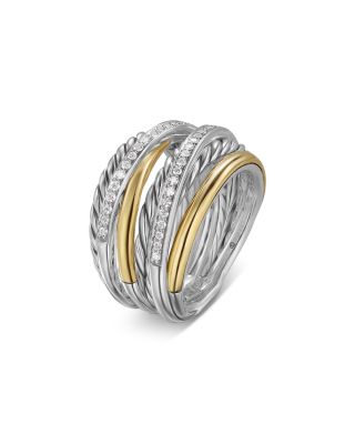 Crossover Seven Row Ring in Sterling Silver with 18K Yellow Gold & Diamonds, 16mm  