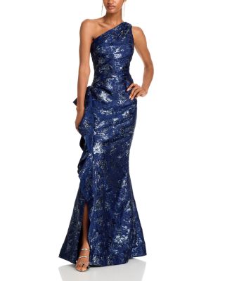 Teri Jon by Rickie Freeman - Metallic Jacquard One-Shoulder Gown