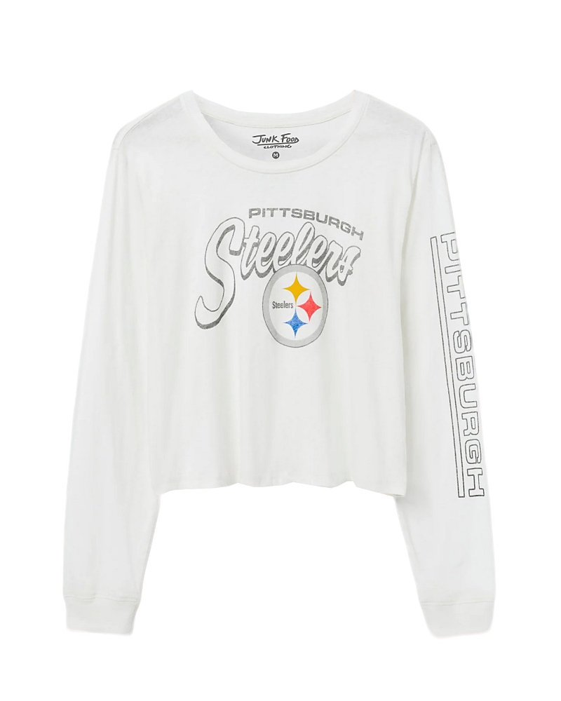Junk Food Clothing Women's Nfl Pittsburgh Steelers Touchdown Long Sleeve Cropped Tee In White