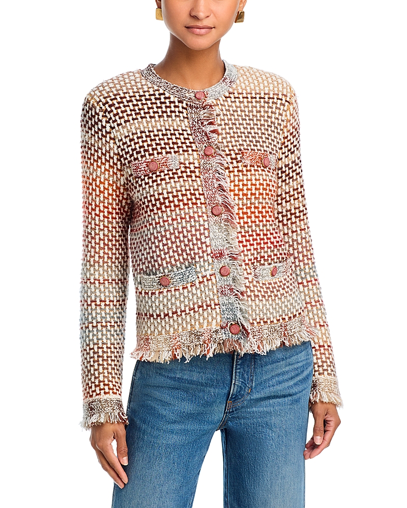 Shop Veronica Beard Sariyah Fringe Knit Jacket In Red Multi