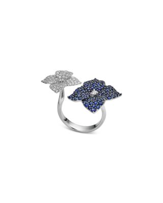 18K White Gold Double Fiore Ring with Blue Sapphire and Diamonds