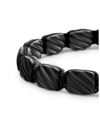 Men's Sculpted Cable Woven Tile Bracelet in Black Titanium with Sterling Silver and Black Nylon, 8.5mm