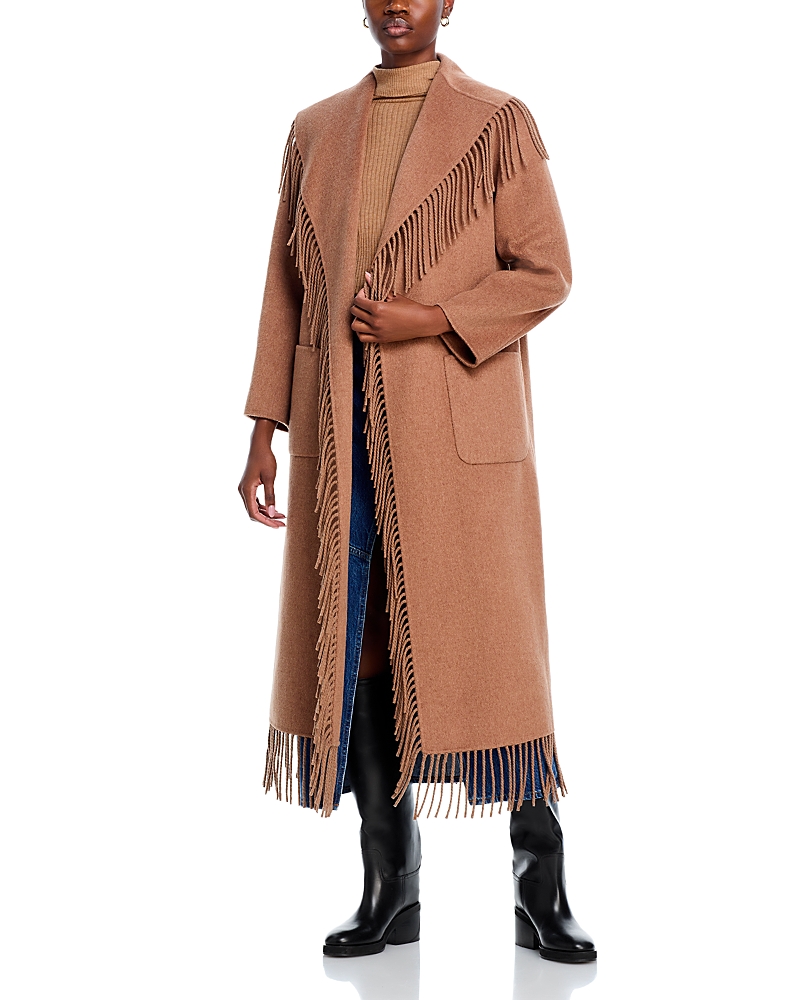 Simkhai Carrie Belted Fringe Robe Coat In Camel