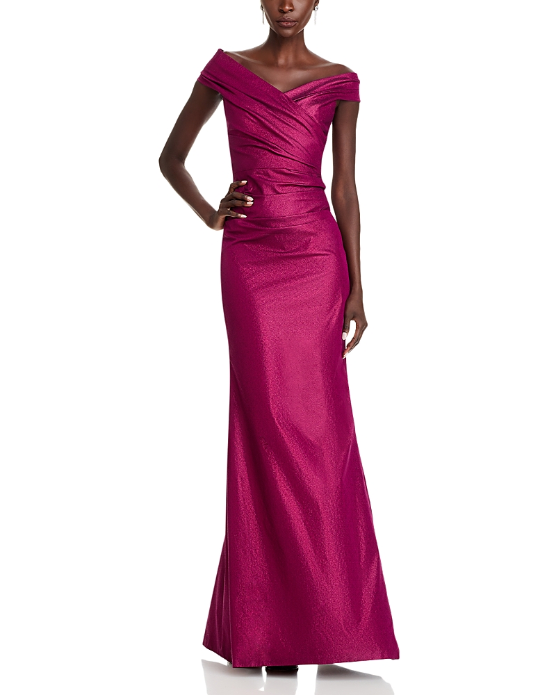 Shop Teri Jon By Rickie Freeman Stretch Metallic Taffeta Off-the-shoulder Gown In Berry