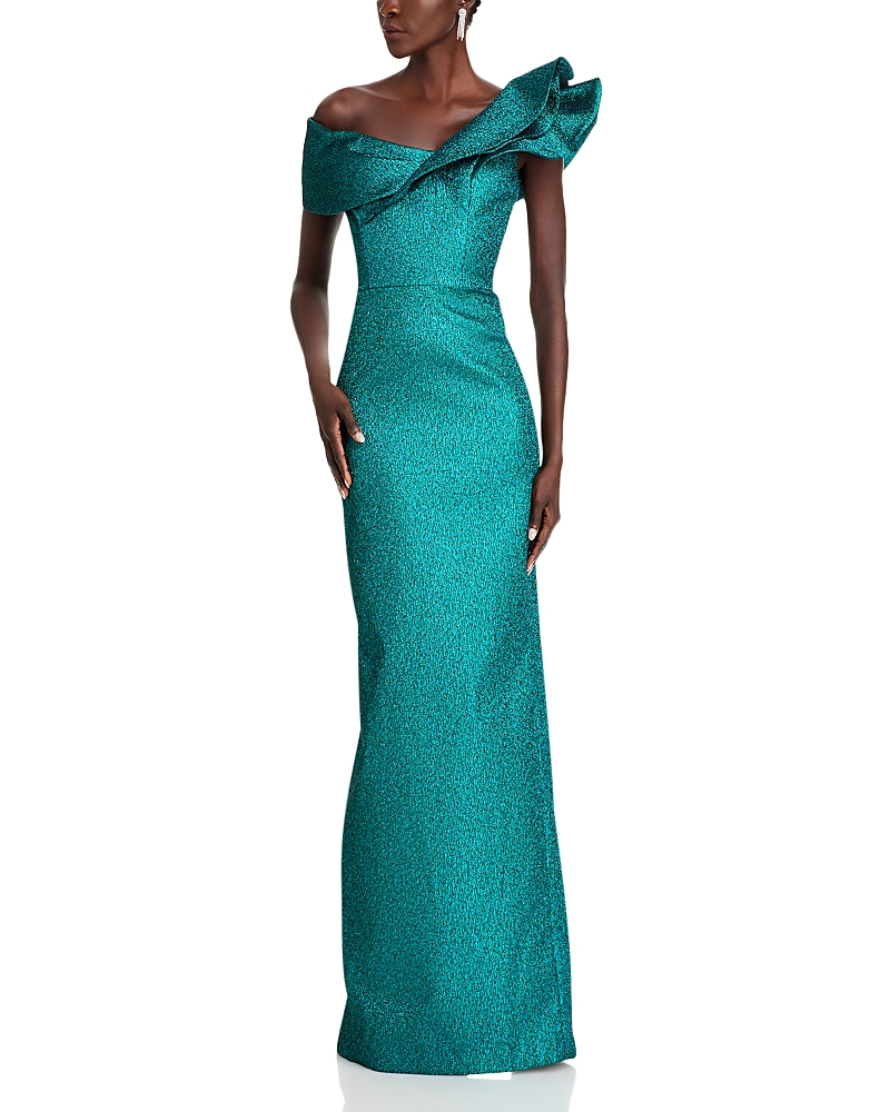 Teri Jon by Rickie Freeman Metallic Jacquard Asymmetrical Ruffle Gown