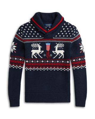 Ralph Lauren - Boys' Reindeer Cotton-Blend Shawl Sweater - Little Kid, Big Kid