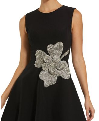 Crepe Sleeveless Rhinestone Flower Detail Mini Dress