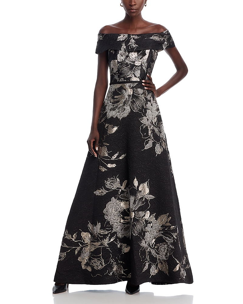 Teri Jon By Rickie Freeman Off-the-shoulder Metallic Floral Jacquard Gown In Black