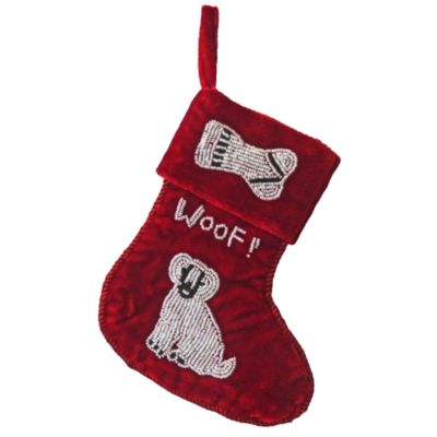 Woof Beaded Velvet Dog Stocking